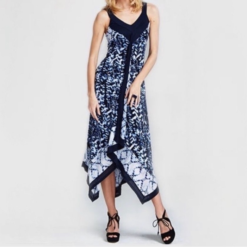STYLE & CO. SLEEVELESS ASYMMETRICAL TIE DYED MIDI DRESS BLUE WHITE SIZE XS